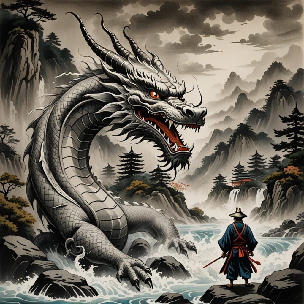 Sumi-e Dragon Rising from River to Speak with Samurai