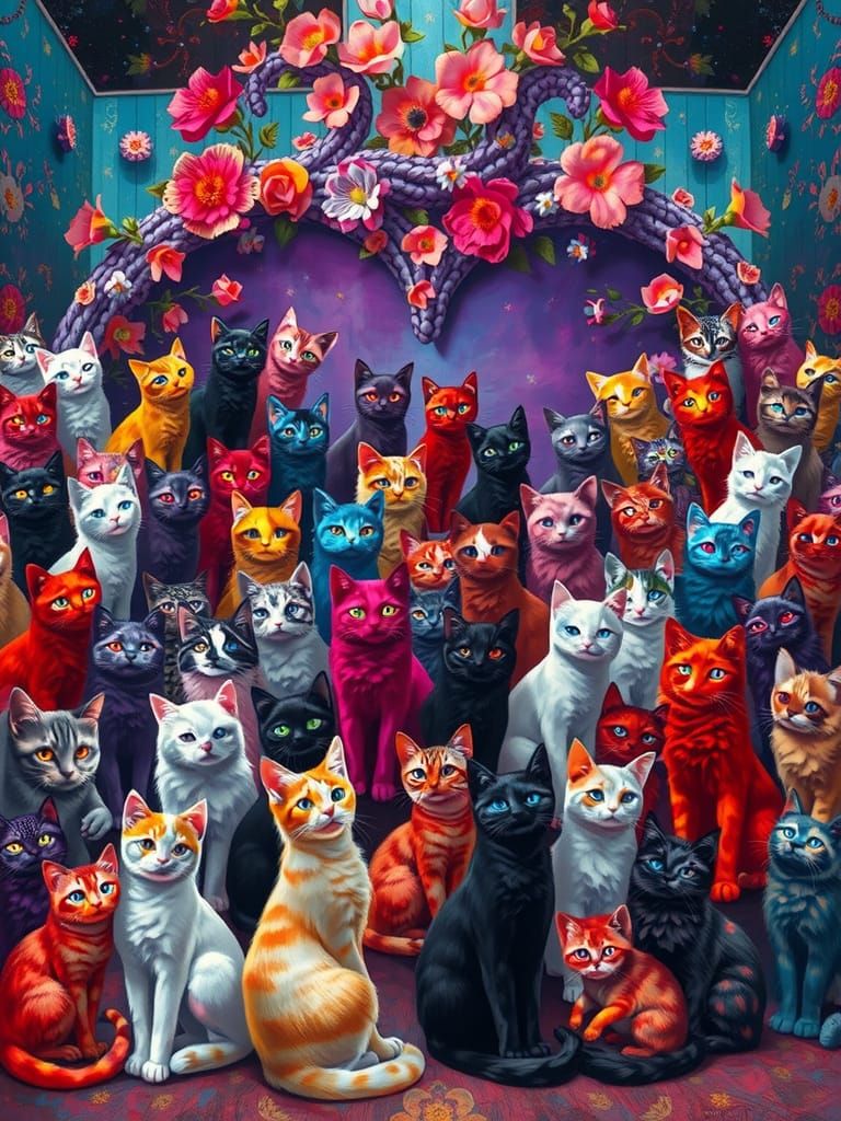 Psychedelic Fur Cats in Whimsical 3D Rendered Style