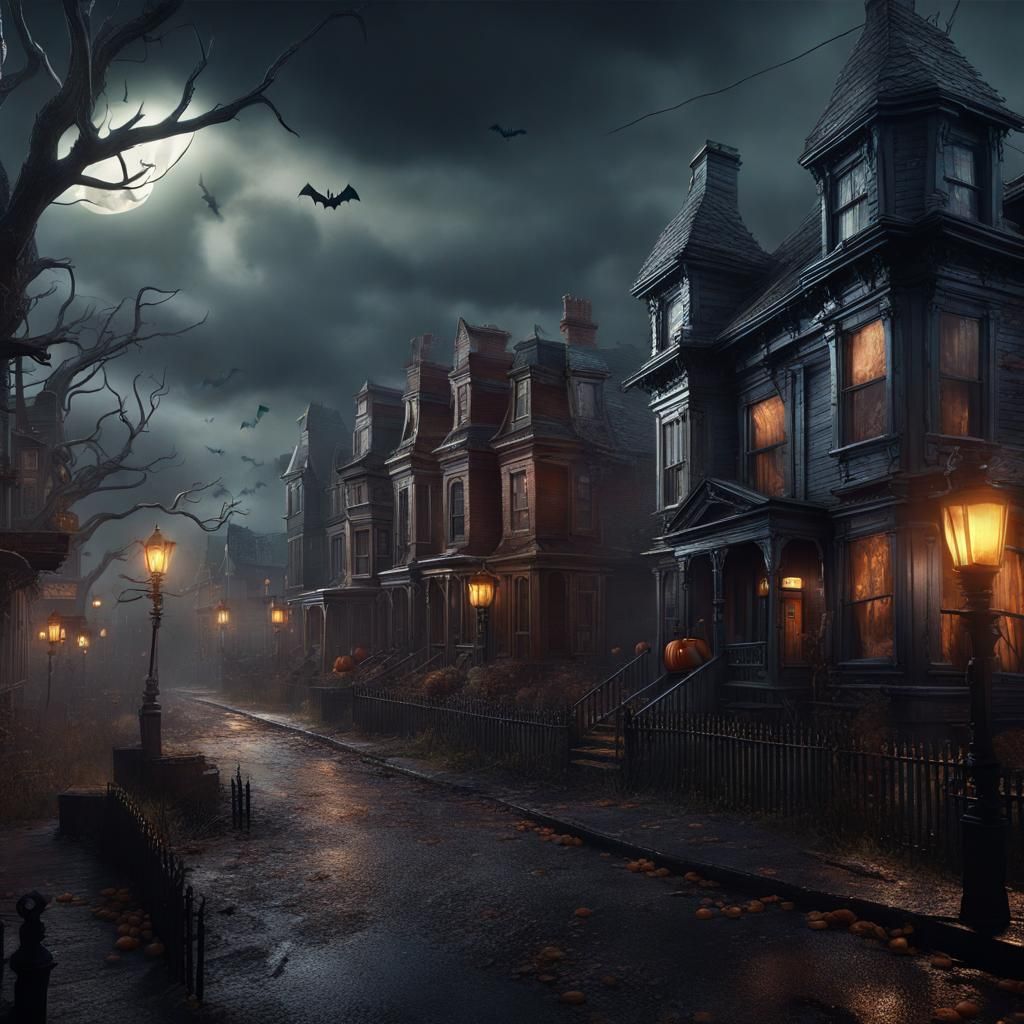 Stormy Halloween Town with Victorian Houses