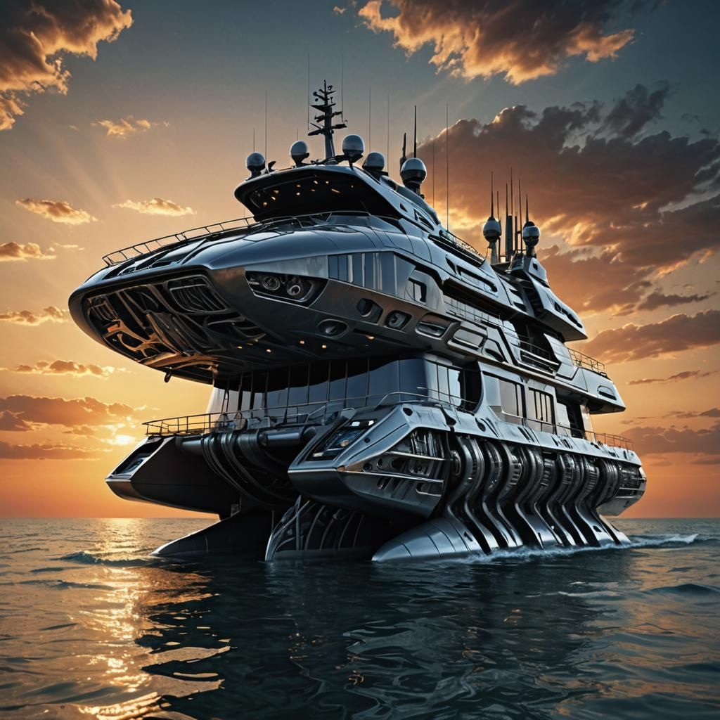 Futuristic Catamaran at Sunset: Digital Photoillustration