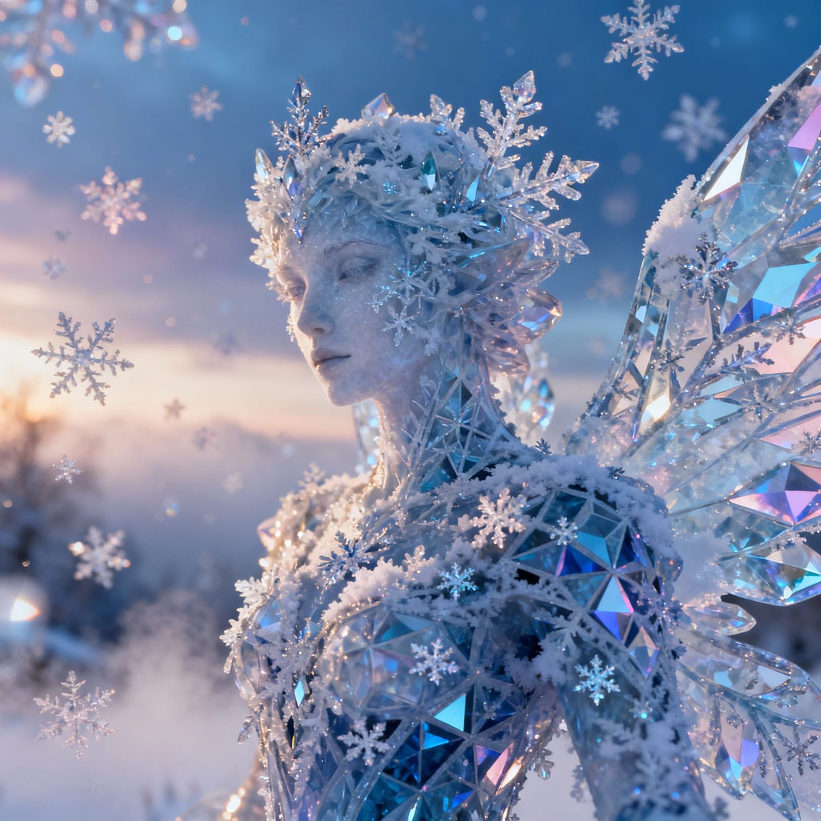 Mystical Being Formed from Intricate Snowflakes