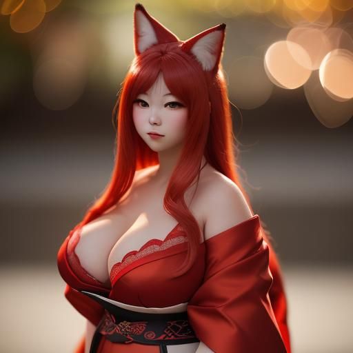 Red BBW Kitsune in Professional Photography Style