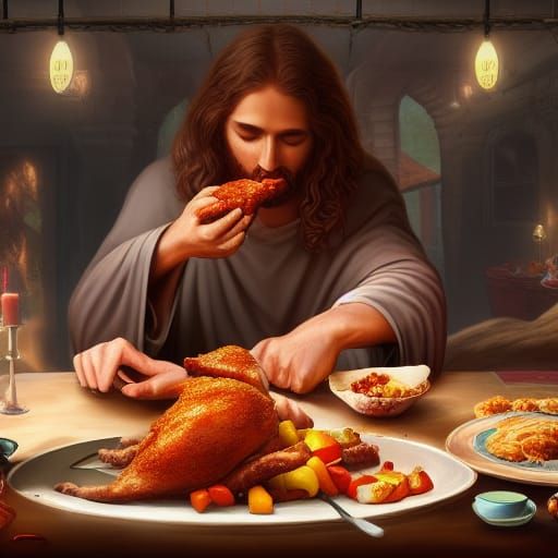 Jesus Eating Chicken: Detailed Matte Painting