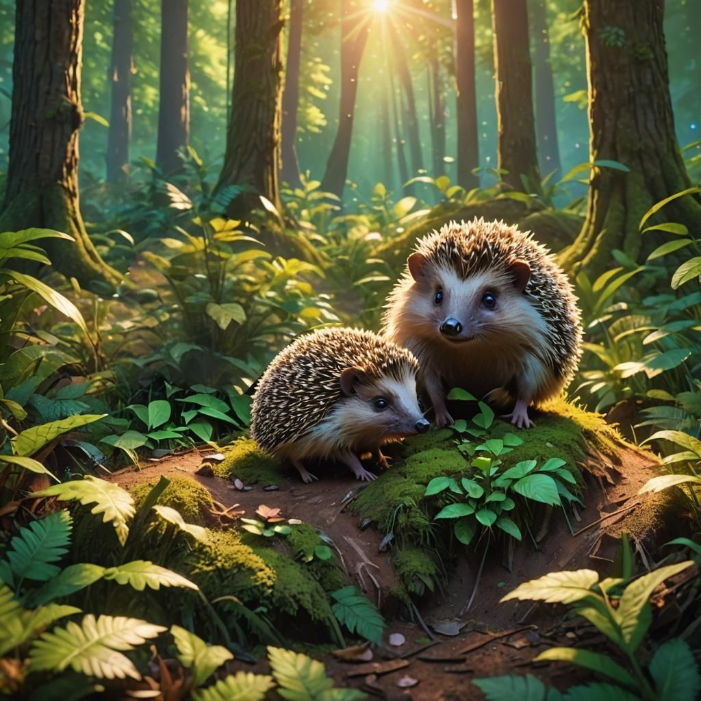 Hedgehogs in Forest: 3D Digital Art