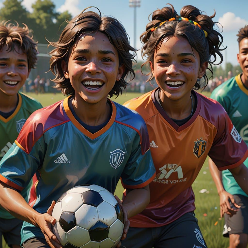 Children Joyfully Playing Football in Sunny Field