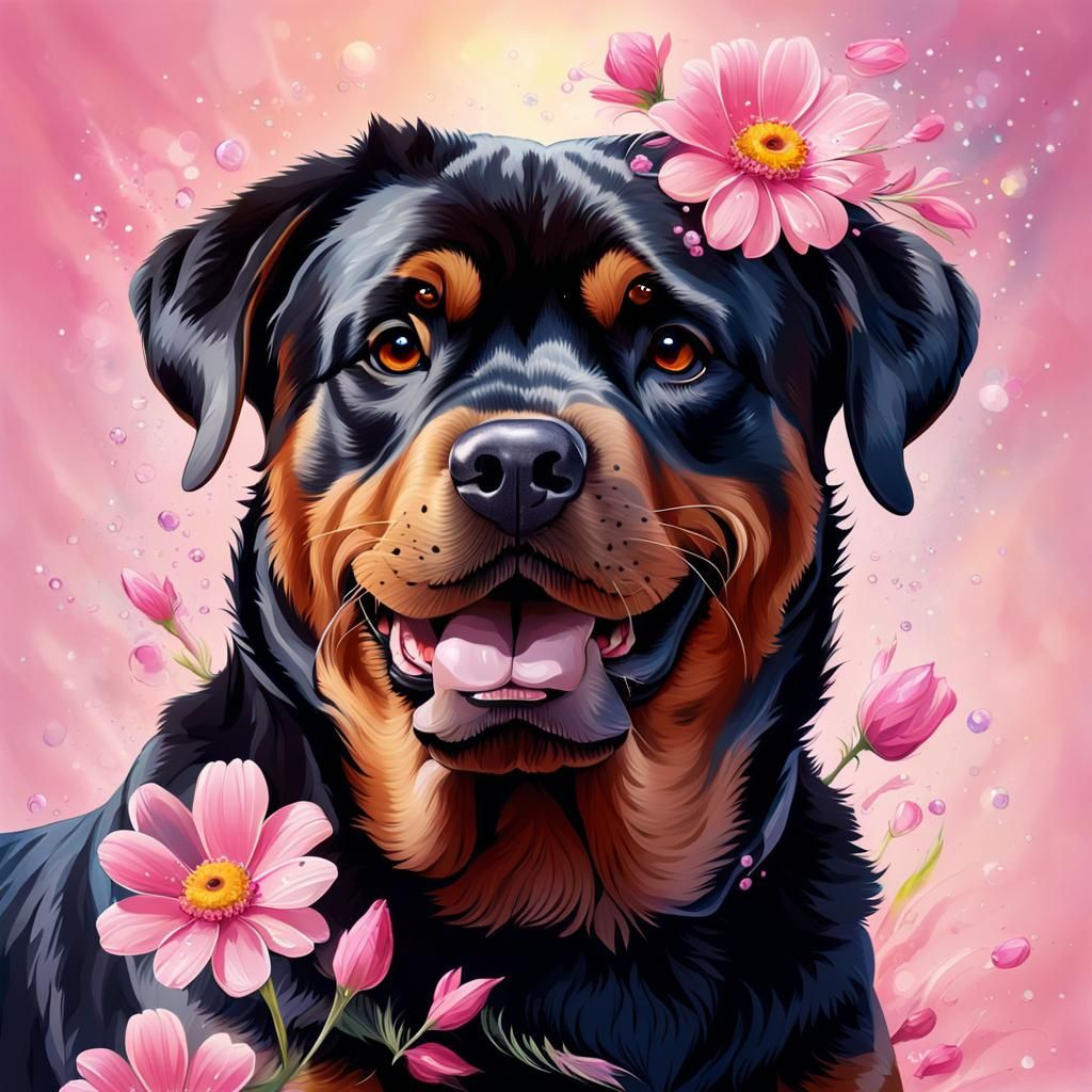 Happy Rottweiler with Flower: Hyperrealistic Splash Art