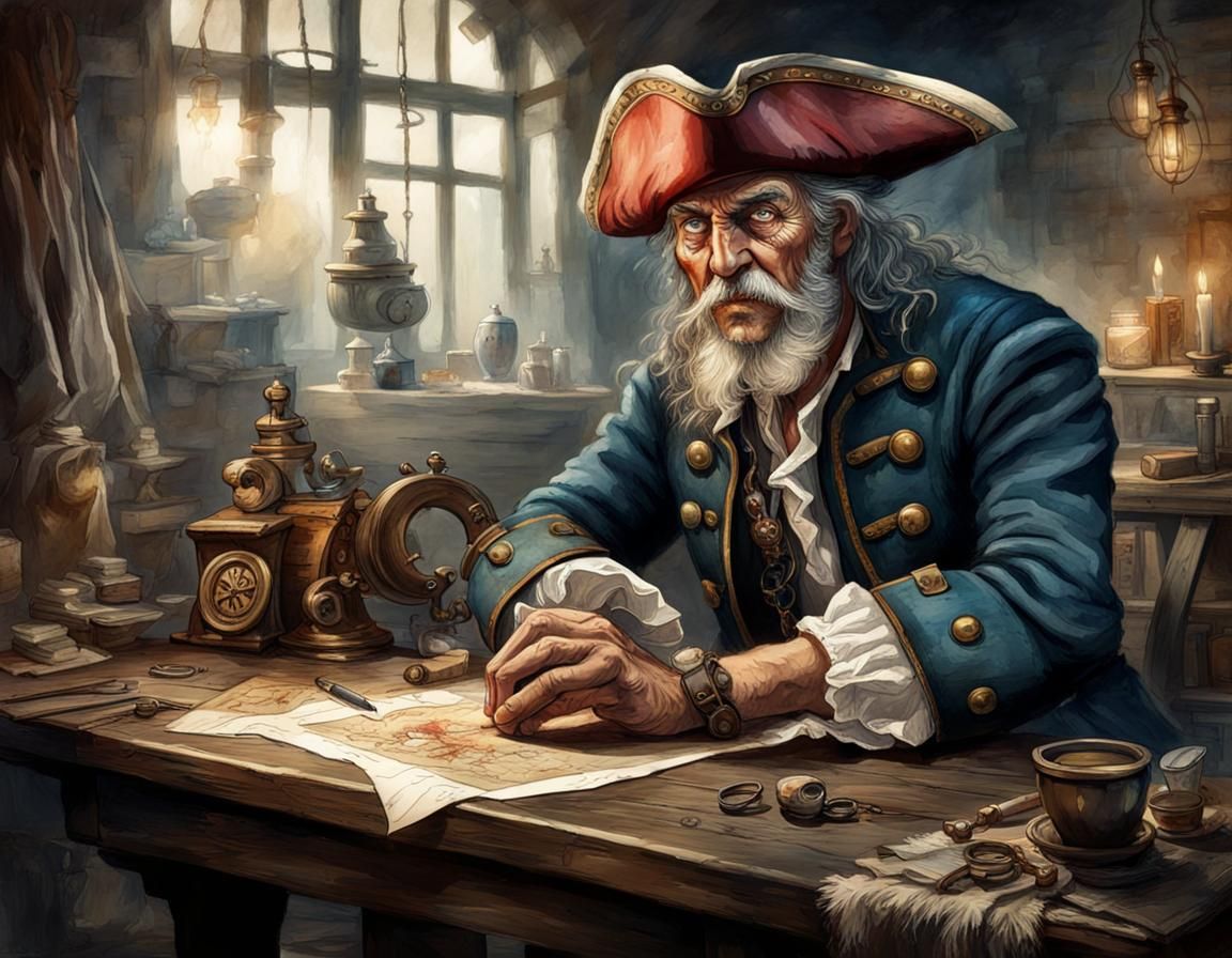 Vintage Pirate with Treasure Map in Watercolor Style