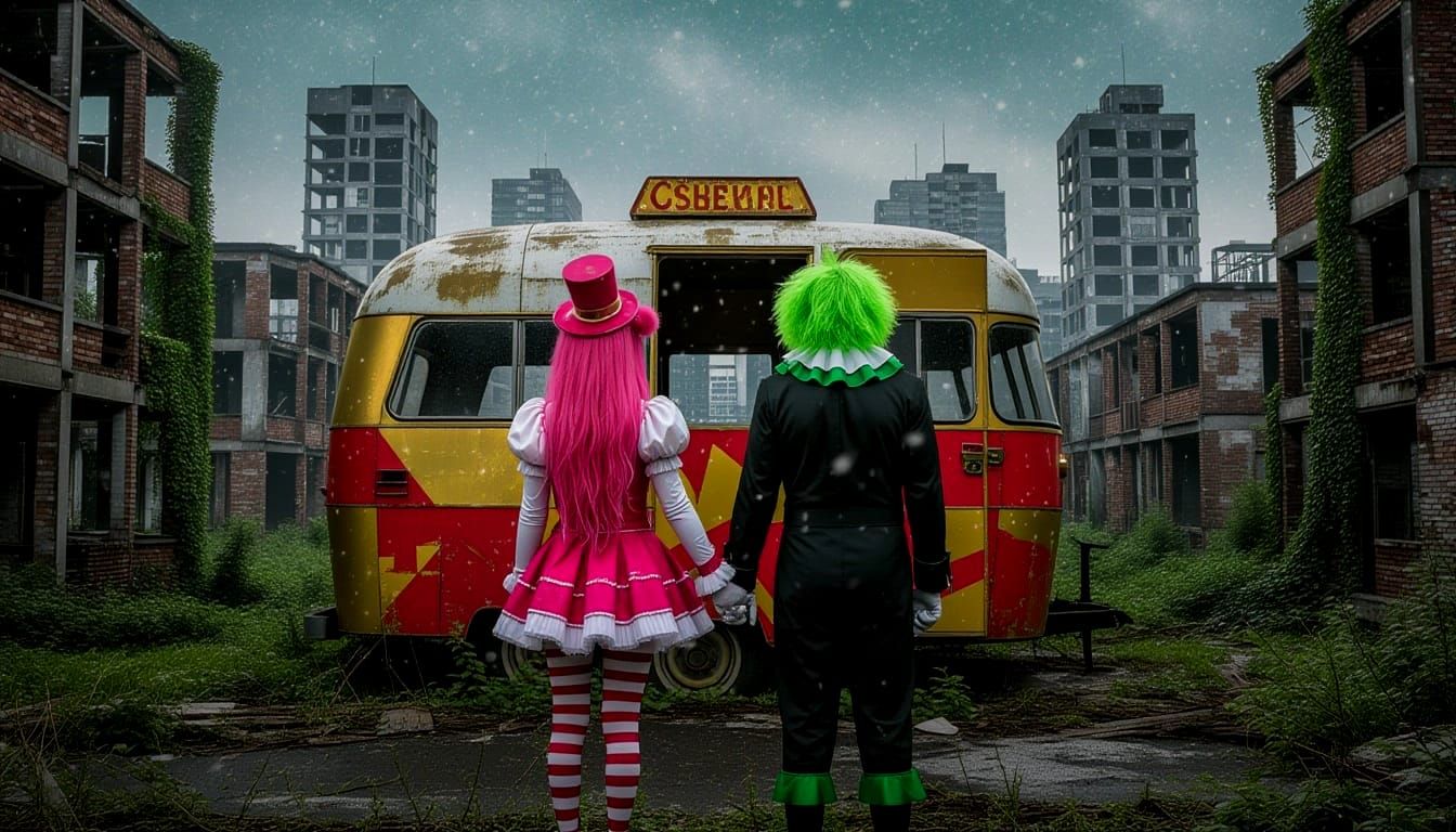 Futuristic Christmas in Abandoned City with Circus Trailer