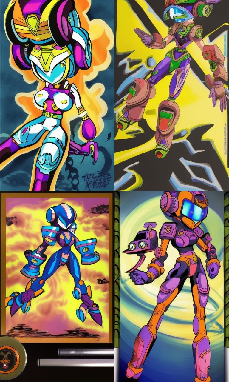 Futuristic MegaMan Goddess in Japanese Ink Painting Style