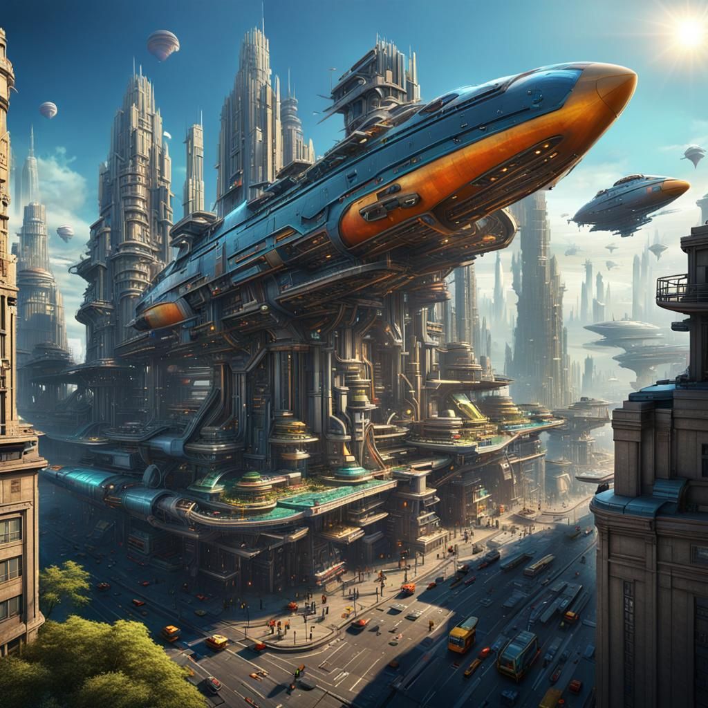 Futuristic Cityscape with Flying Traffic in Sci-Fi Art Style