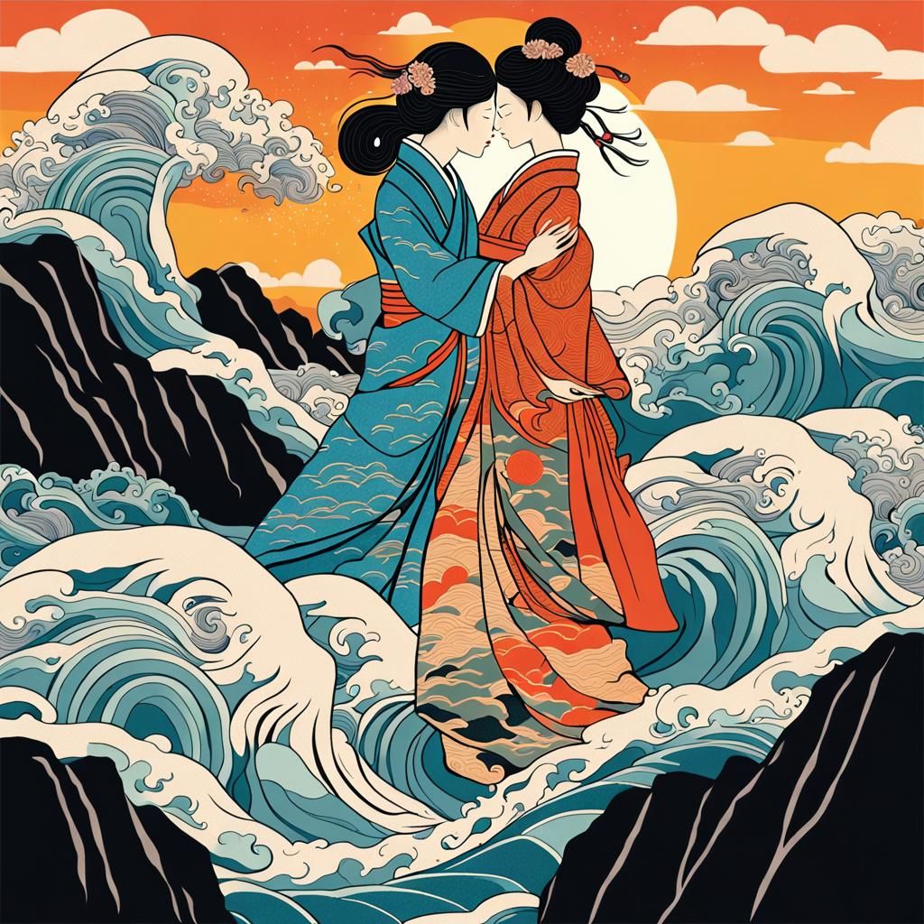 Geishas Kissing at Sunset in Ukiyo-e Style