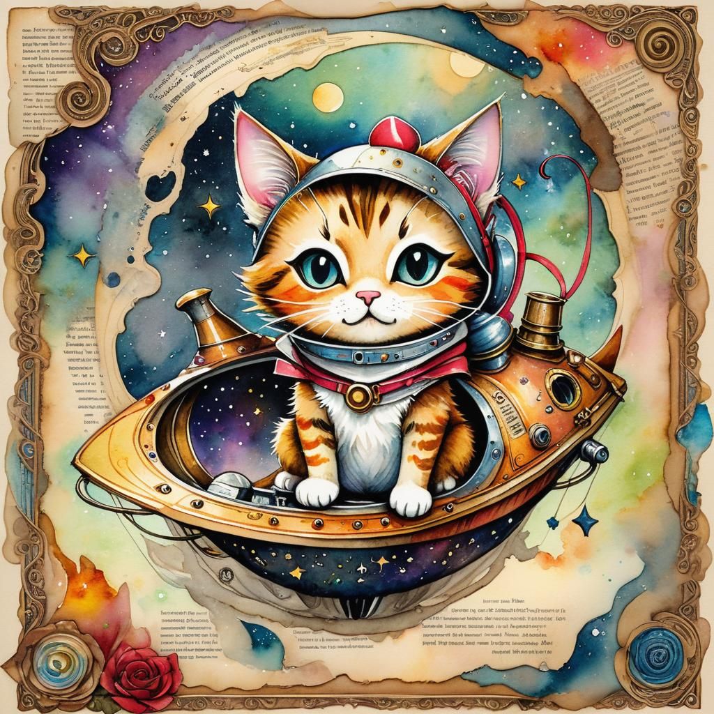 Chibi Cat Plumber in Space: Watercolor Art