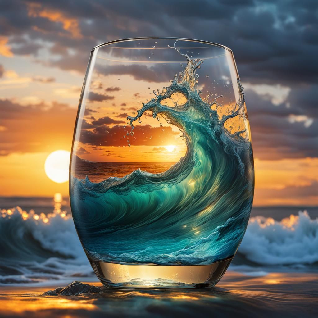 Stormy Sea in Glass at Sunset: Hyperrealistic Splash Art