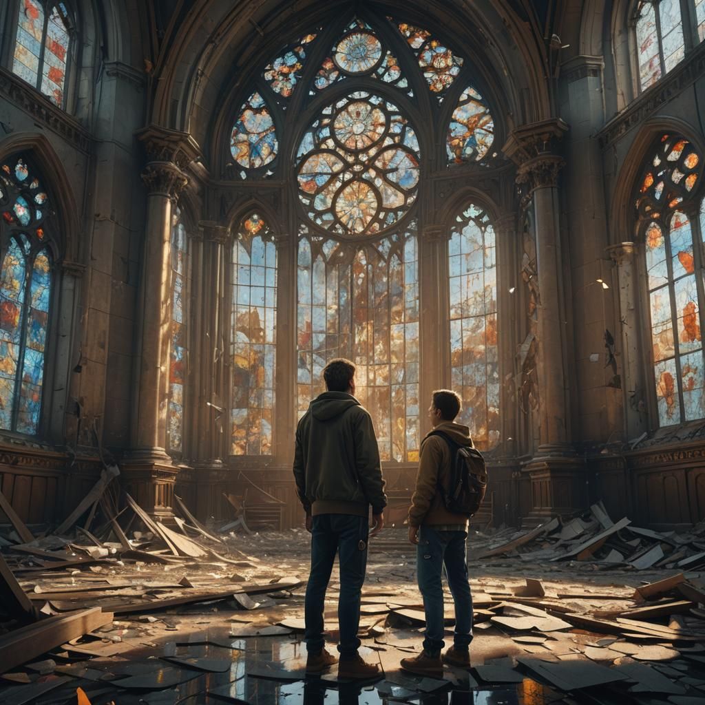 Abandoned Cathedral with Shattered Window in Digital Paintin...