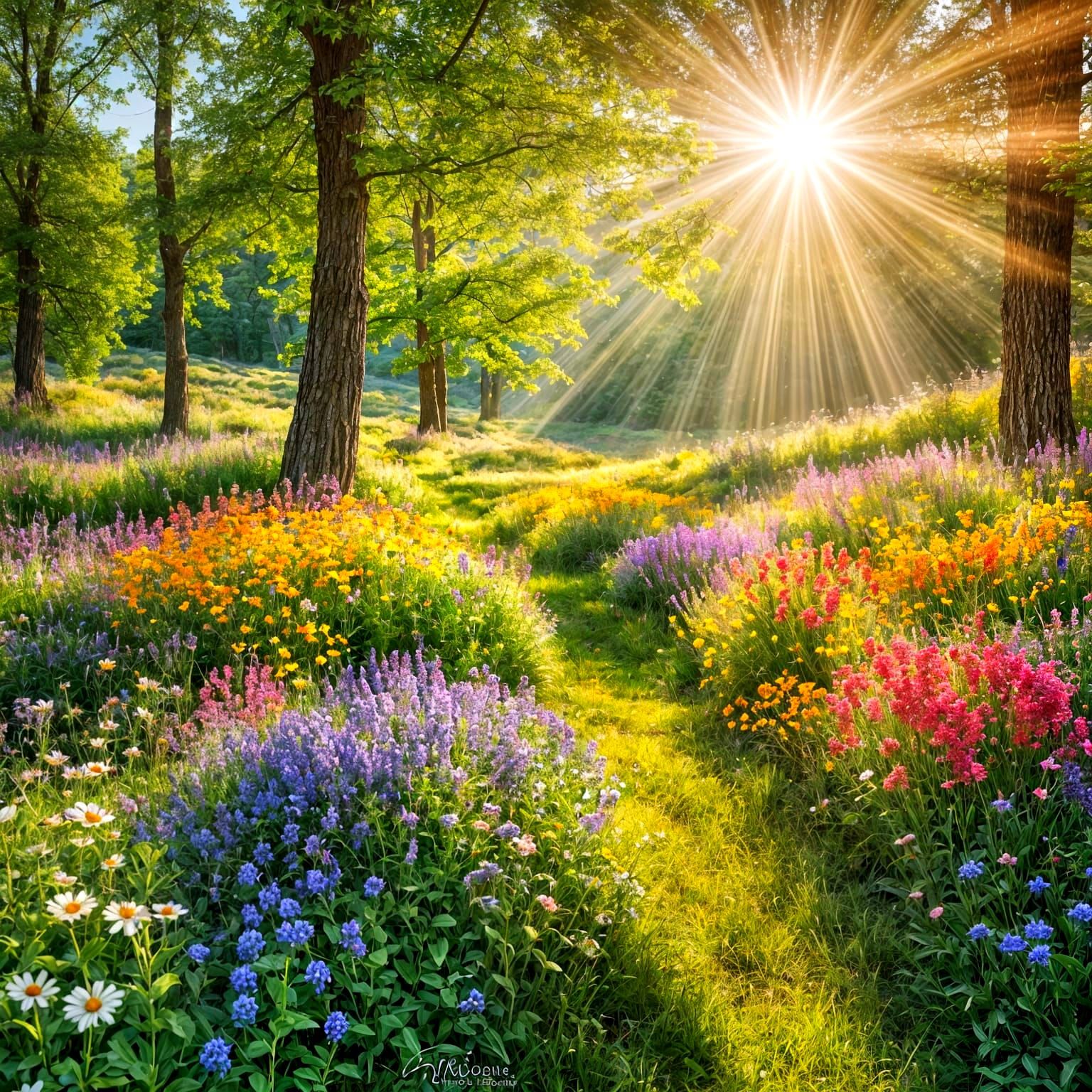 Sunlight Through Trees on Wildflower Field