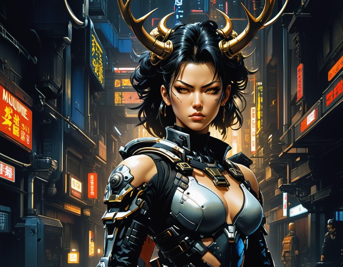 Cyberpunk Woman with Antlers in Detailed Portrait