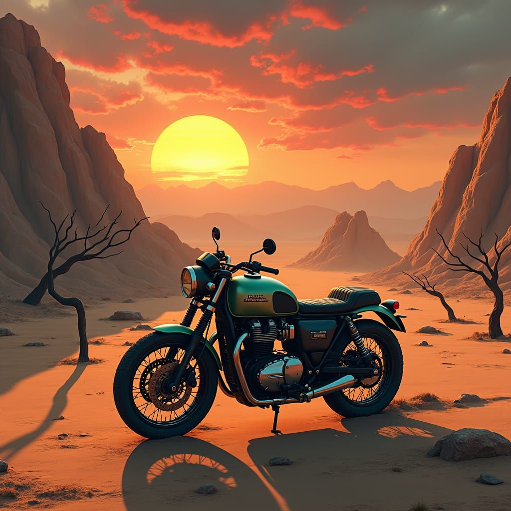 Triumph Motorbike in Desert Landscape, Matte Painting