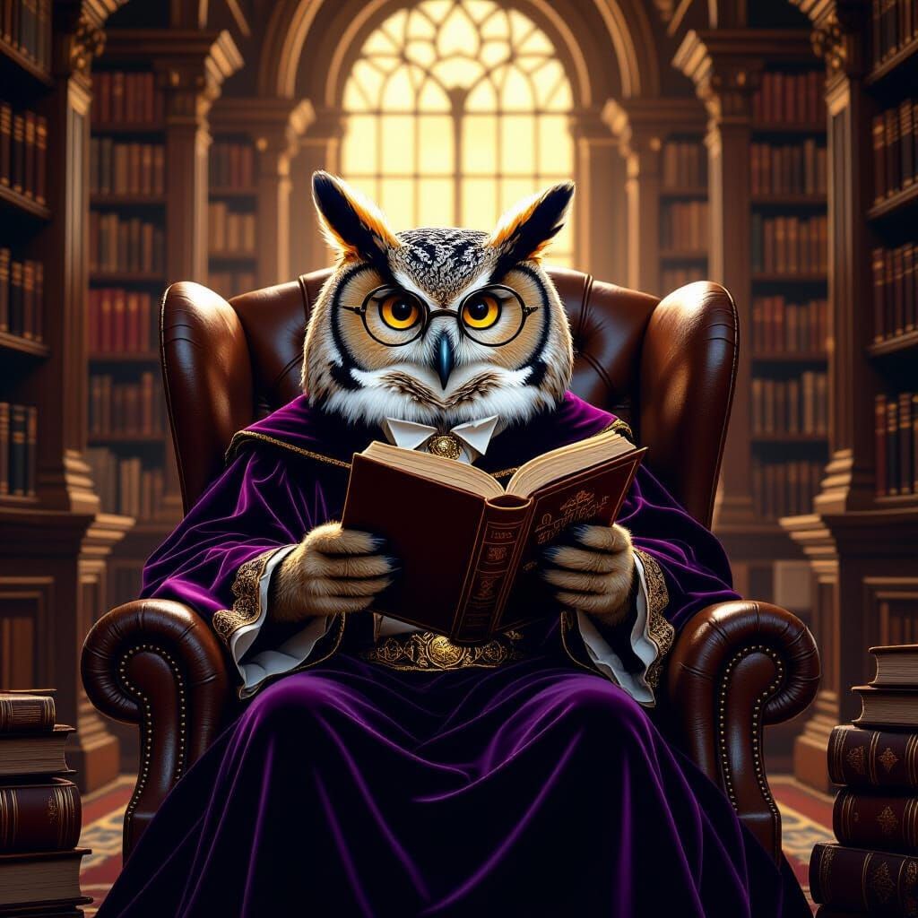 Scholarly Owl Reading in Grand Library