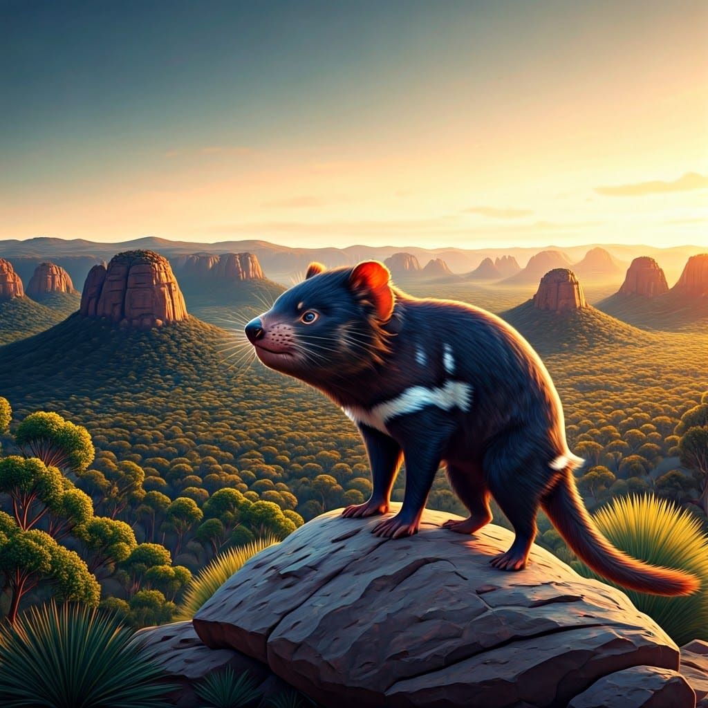 Tasmanian Devil Gazing Over Australian Landscape