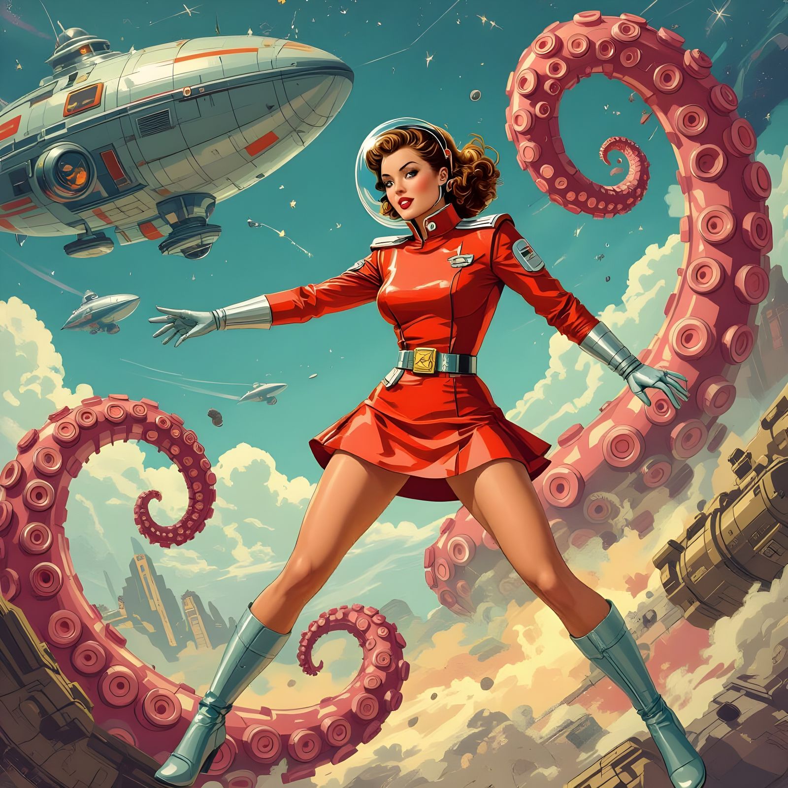 Retro Pin-Up Girl Fights Tentacle Monster in Space