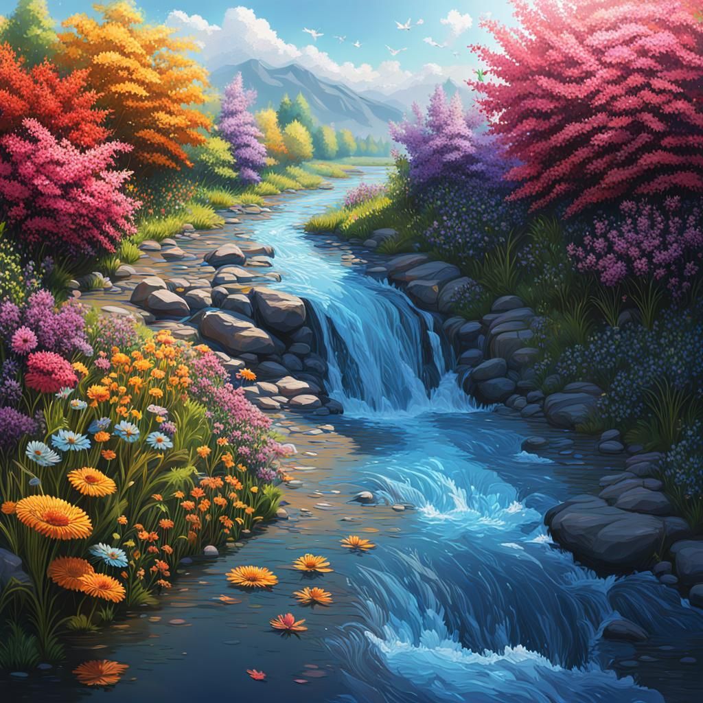 Hyperrealistic Flower River in Splash Art Style