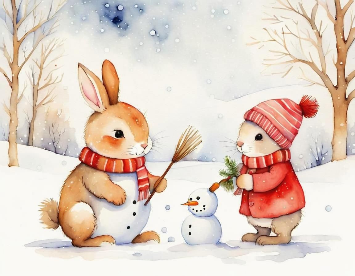 Whimsical Bunnies Build Snowman in Winter Wonderland