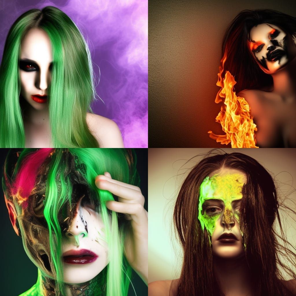 Burning Woman with Green Hair in Synth-Horror Style