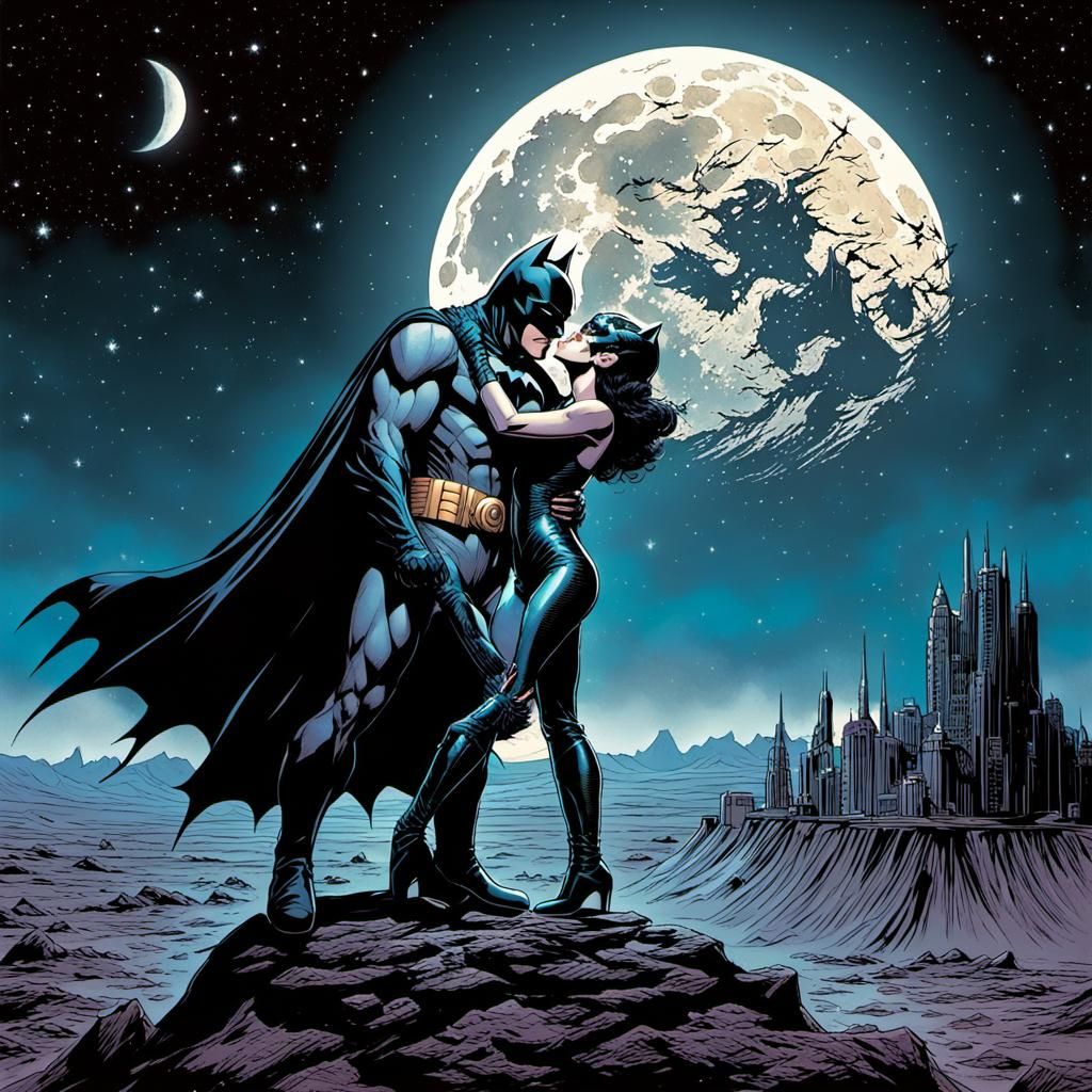 Catwoman and Batman Kissing in Comic Book Art Style