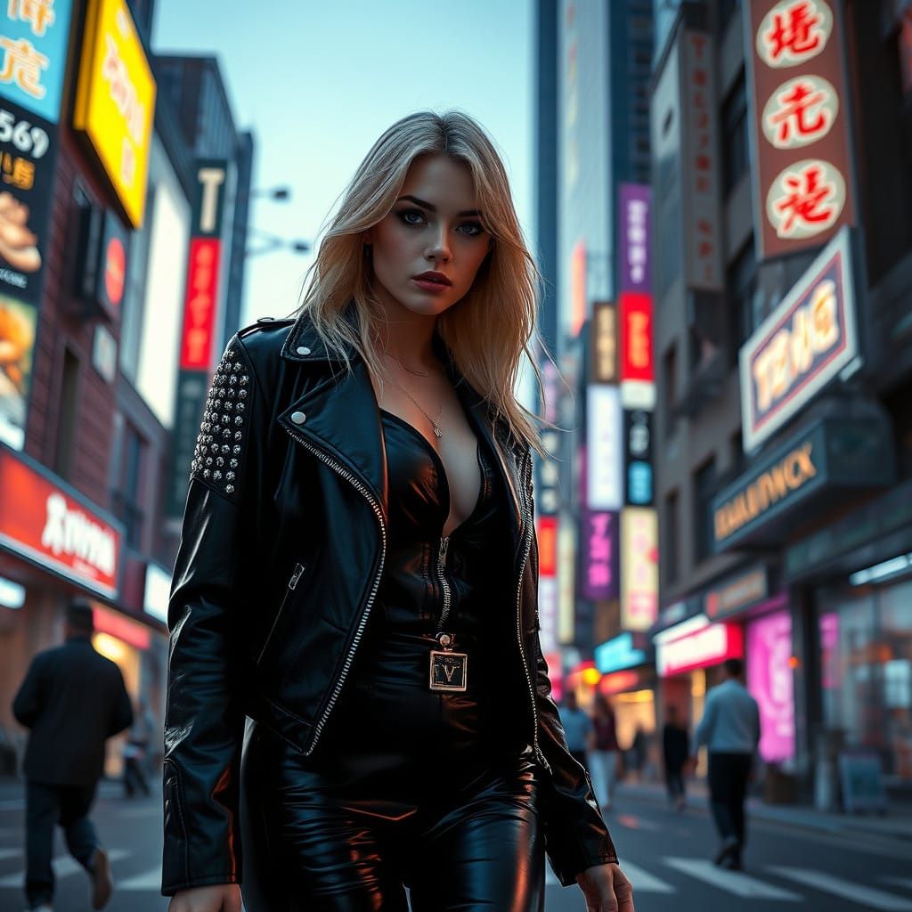 Cyberpunk Tokyo Woman Strolls Through Neon City Streets