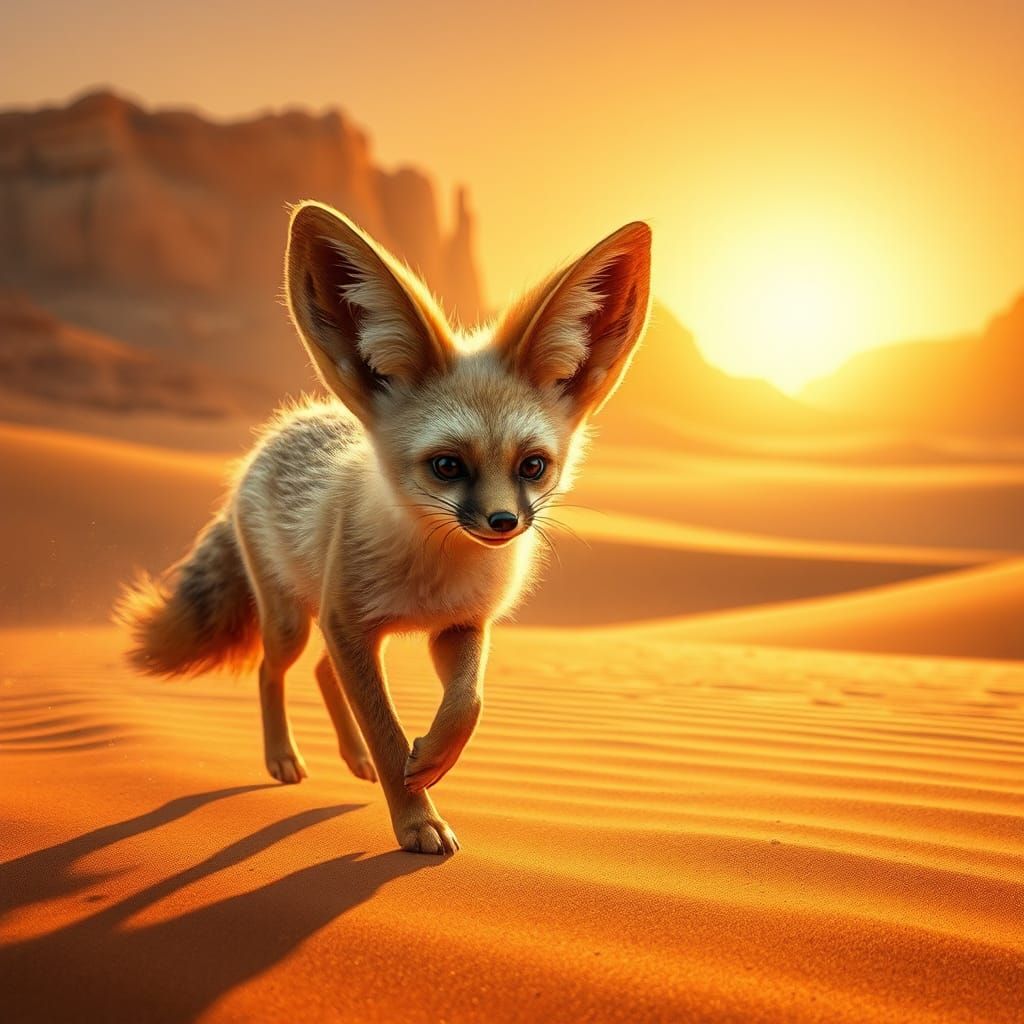 Fennec Fox Roaming Sahara Dunes at Golden Hour