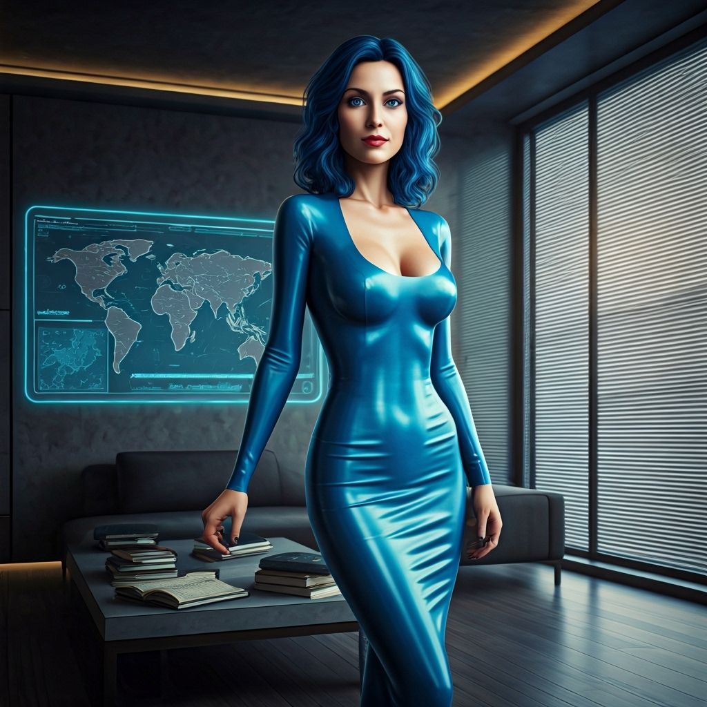 Electric Blue: Hyperrealistic Woman in Minimalist Apartment