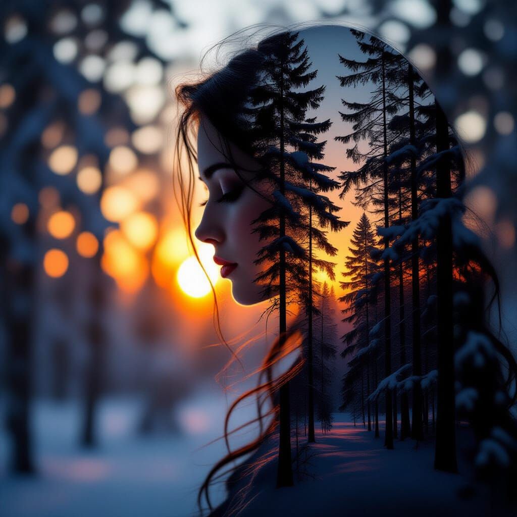 Forest Goddess Silhouette in Winter Sunset