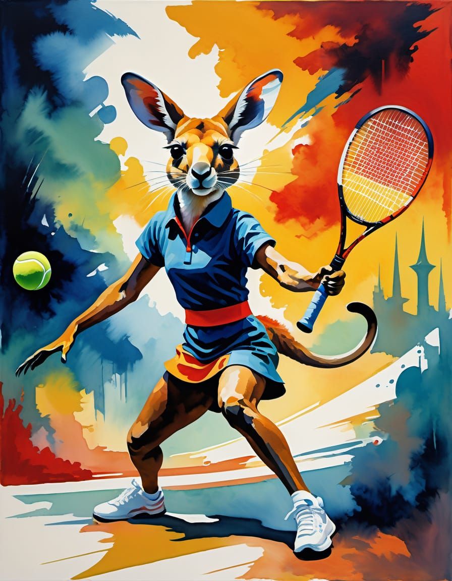 Kangaroo Tennis Player in Art Deco Style
