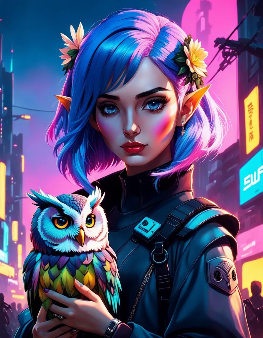 Pastel Cyberpunk Elf Girl with Owl Portrait