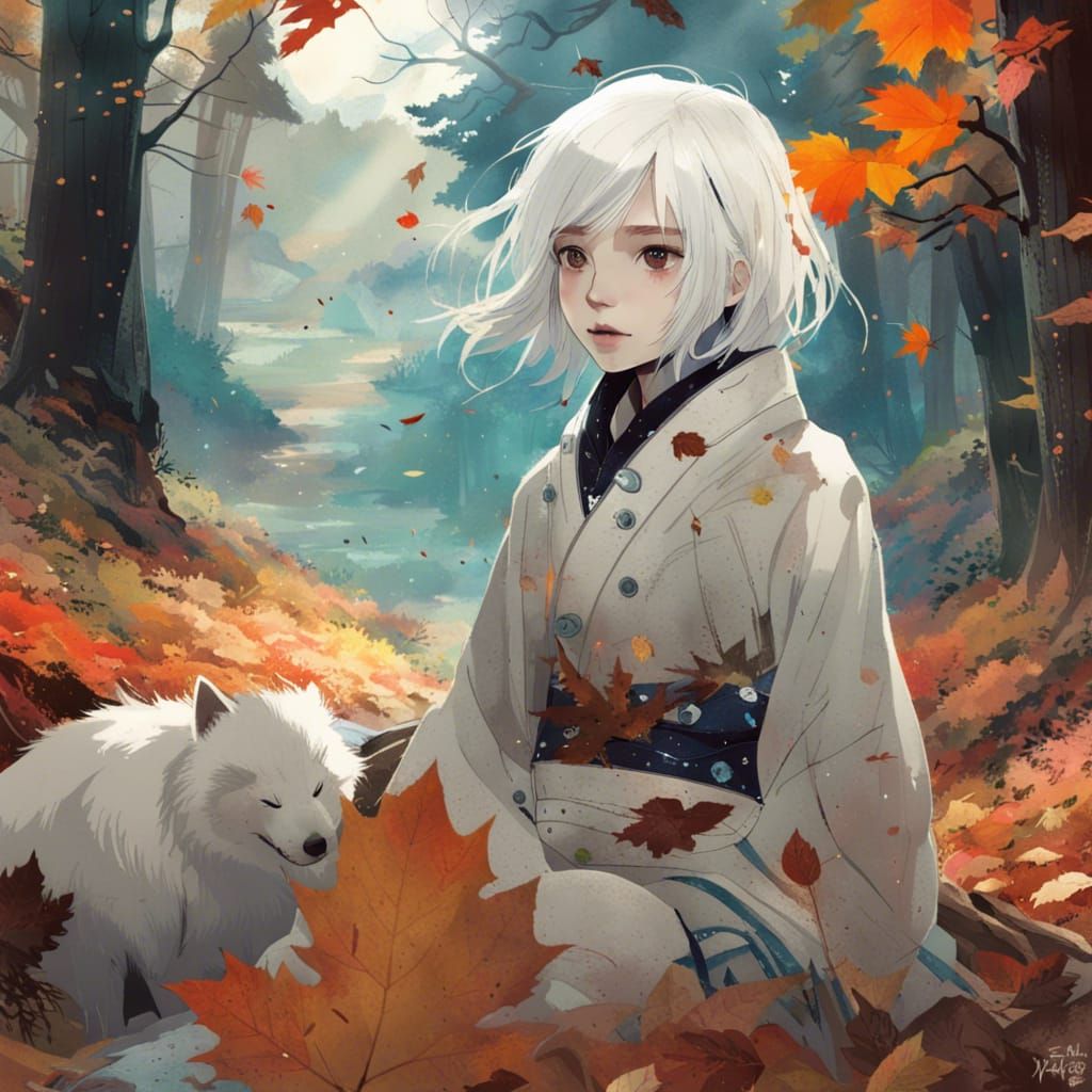 Adorable Anime Girl in Autumn Forest