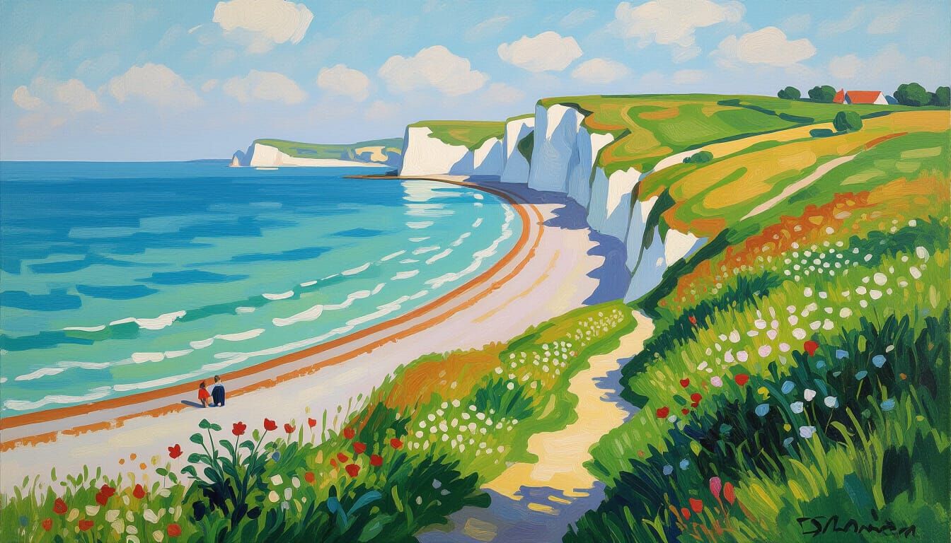 Impressionist Cliffs of Dover with Wildflowers