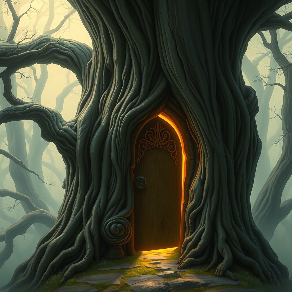 Enchanted Oak Tree Door in Fantasy Realism