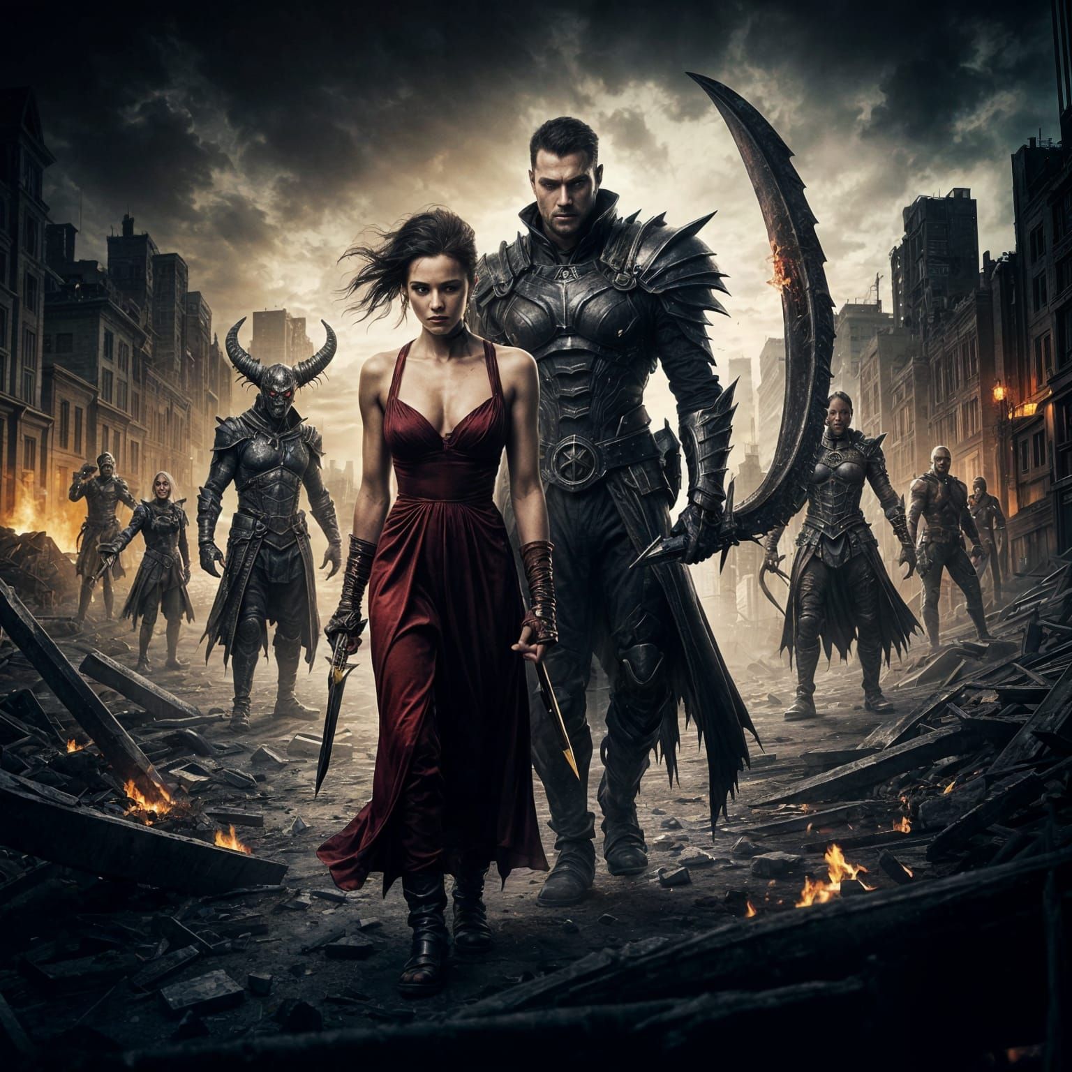 Apocalyptic Cityscape with Warriors in Dark Fantasy Style