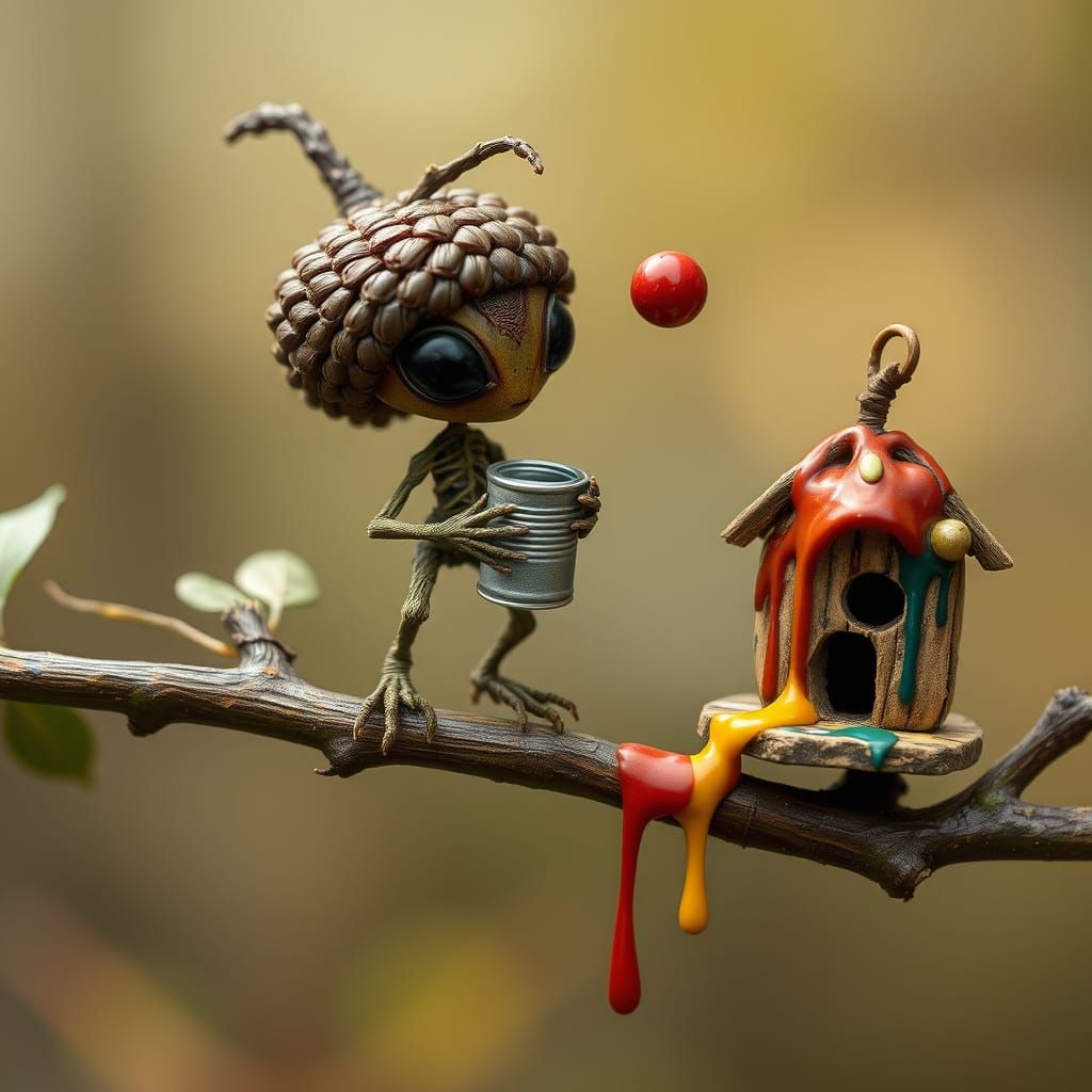 Whimsical Alien Artist at Work in Folk Art Style