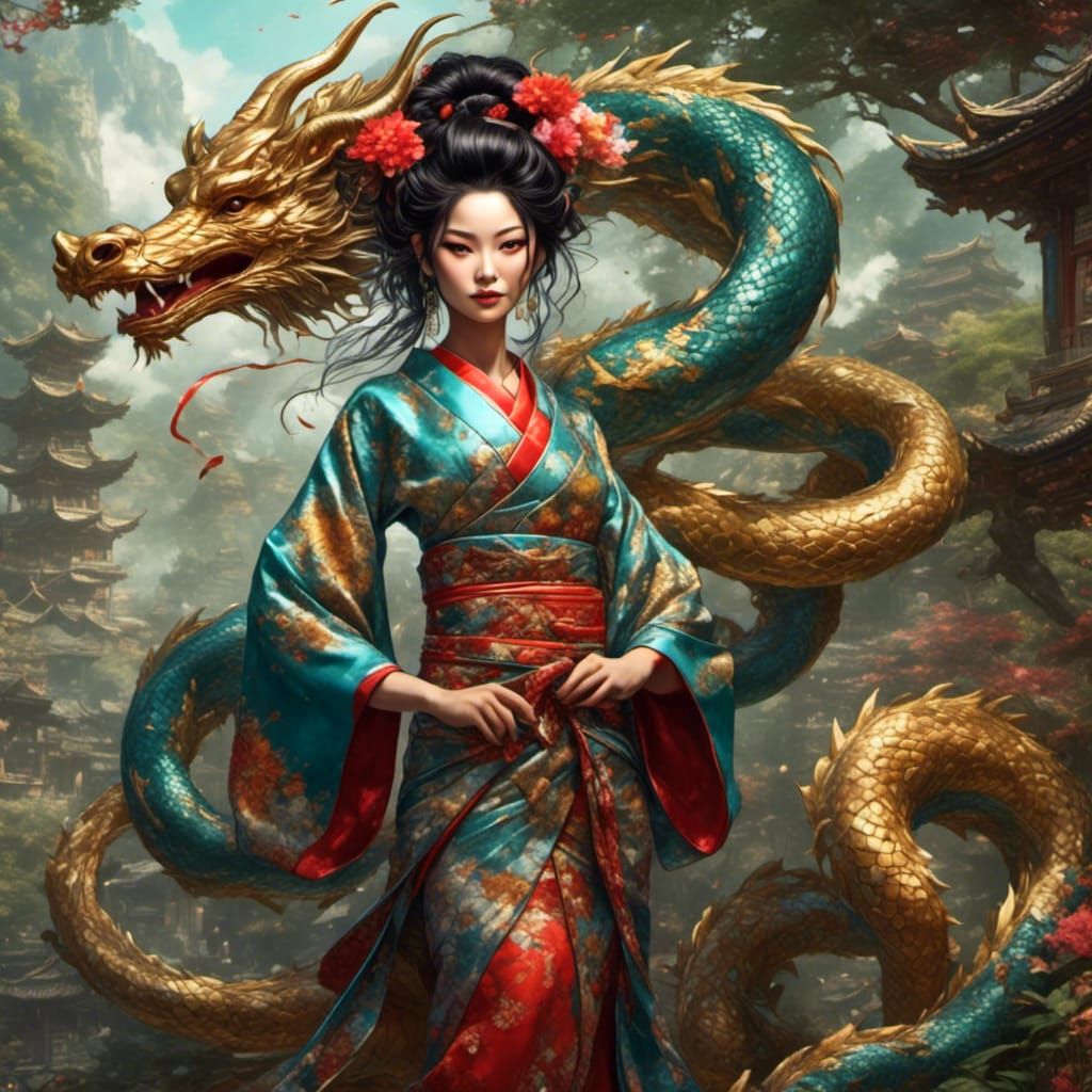 Dragon and Geisha in Colorful Animal Style