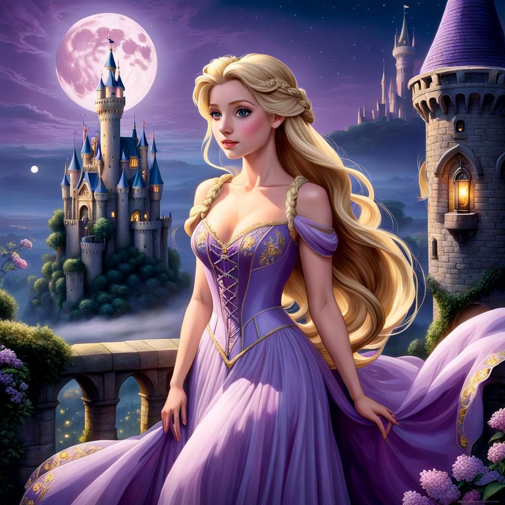 Rapunzel in Lilac Gown Under Full Moon