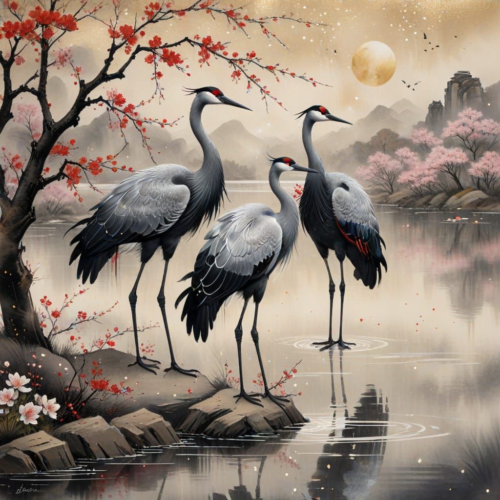 Cranes in Chinese Landscape with Cherry Blossoms