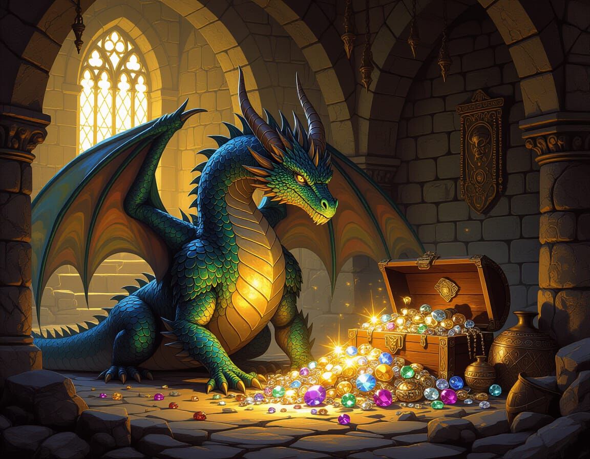 Dragon Guarding Gold Treasure in Dungeon