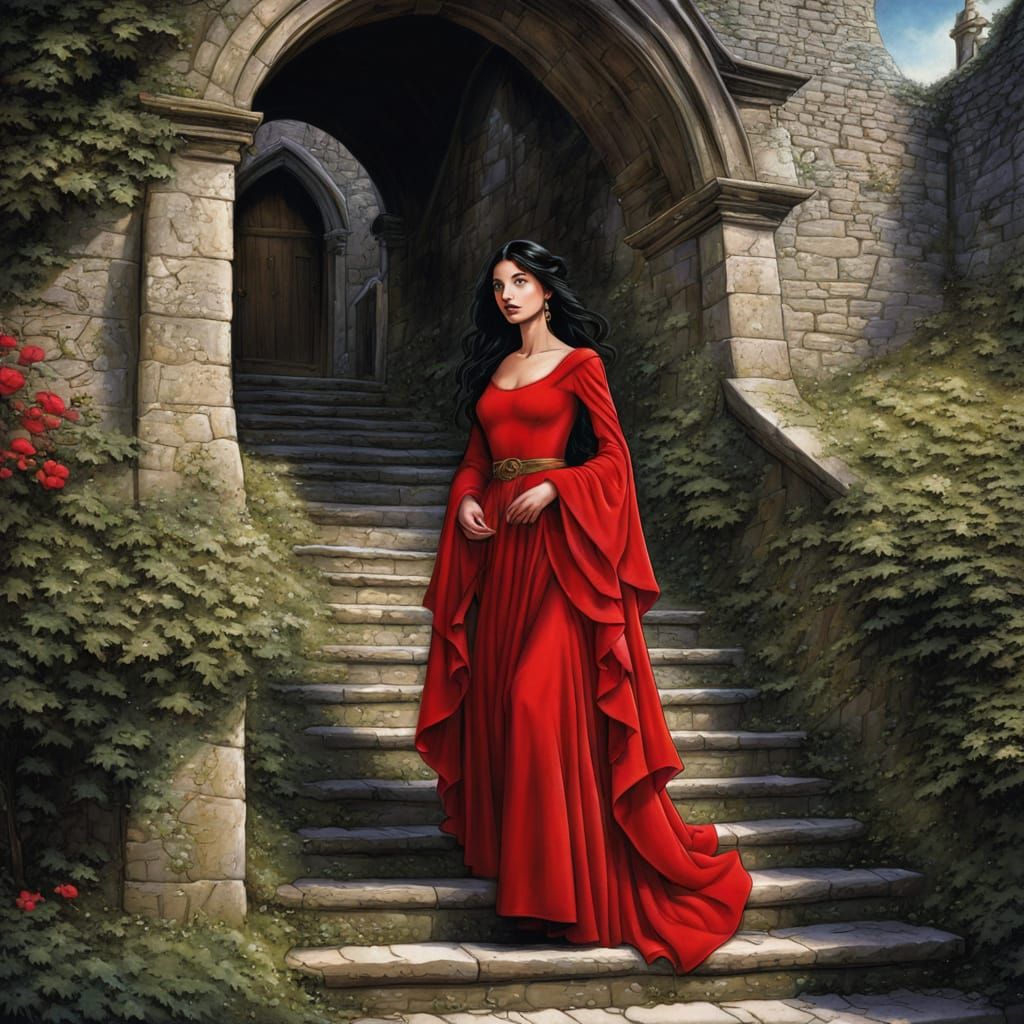 Medieval Girl Descending Colorful Stairs in a Beautiful Cart...