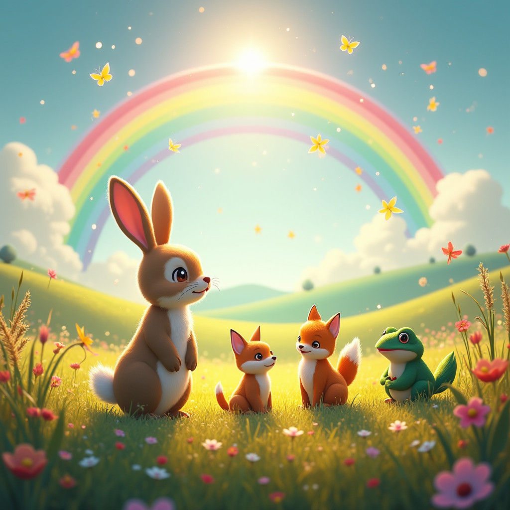 Whimsical Meadow with Animals and Rainbow, Fantasy Art