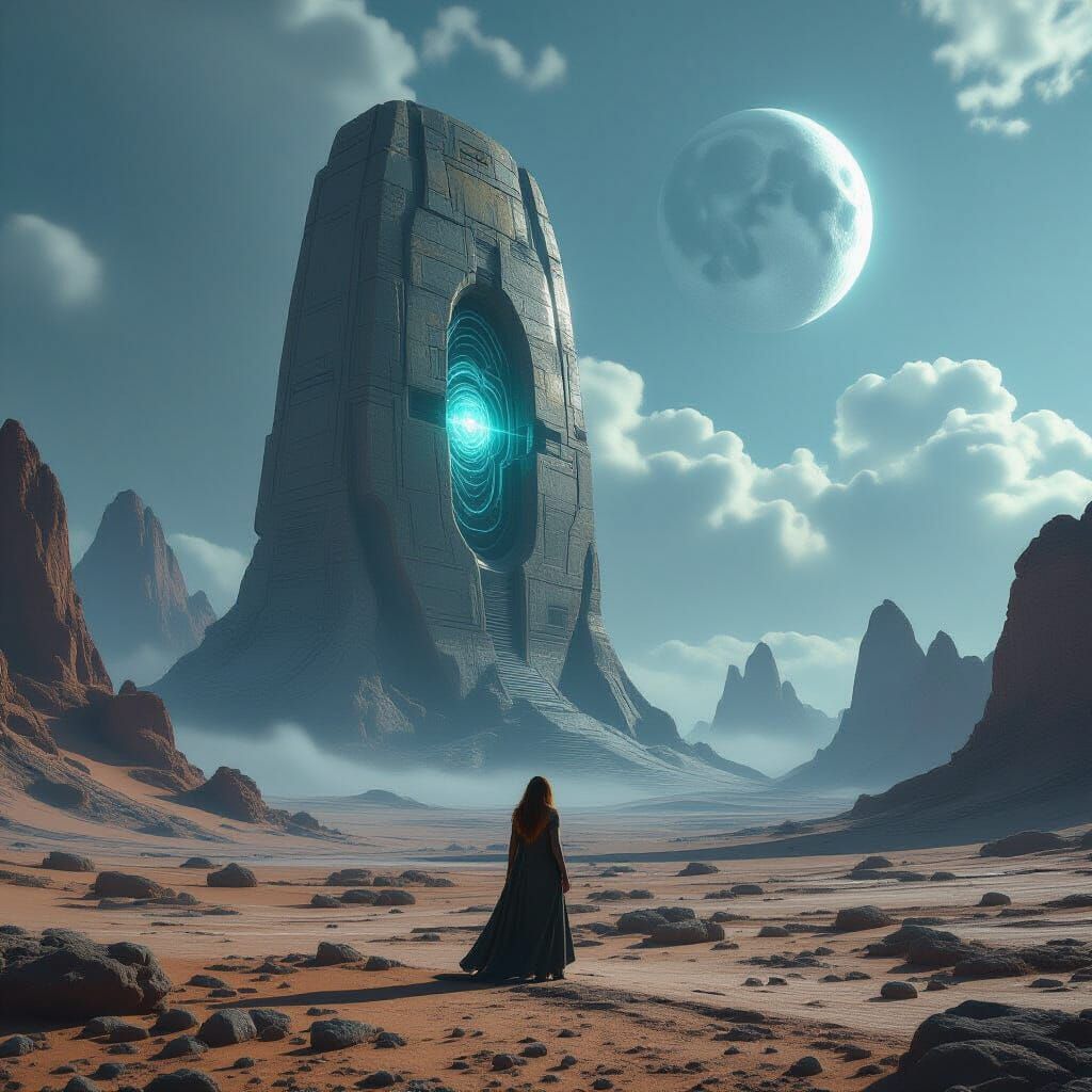 Woman Gazes at Alien Artifact on Desolate Planet