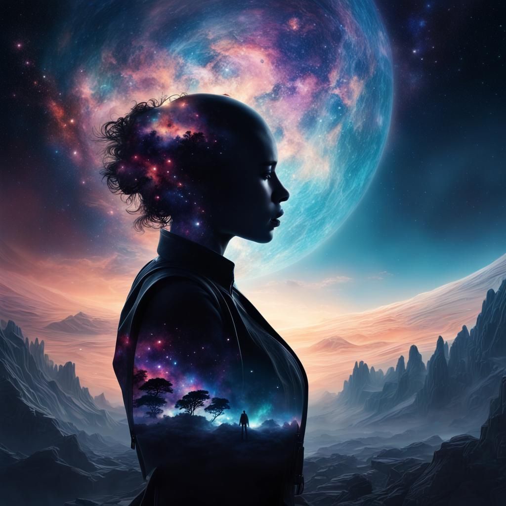 Cosmic Silhouette: Hyperrealistic Double Exposure Fantasy