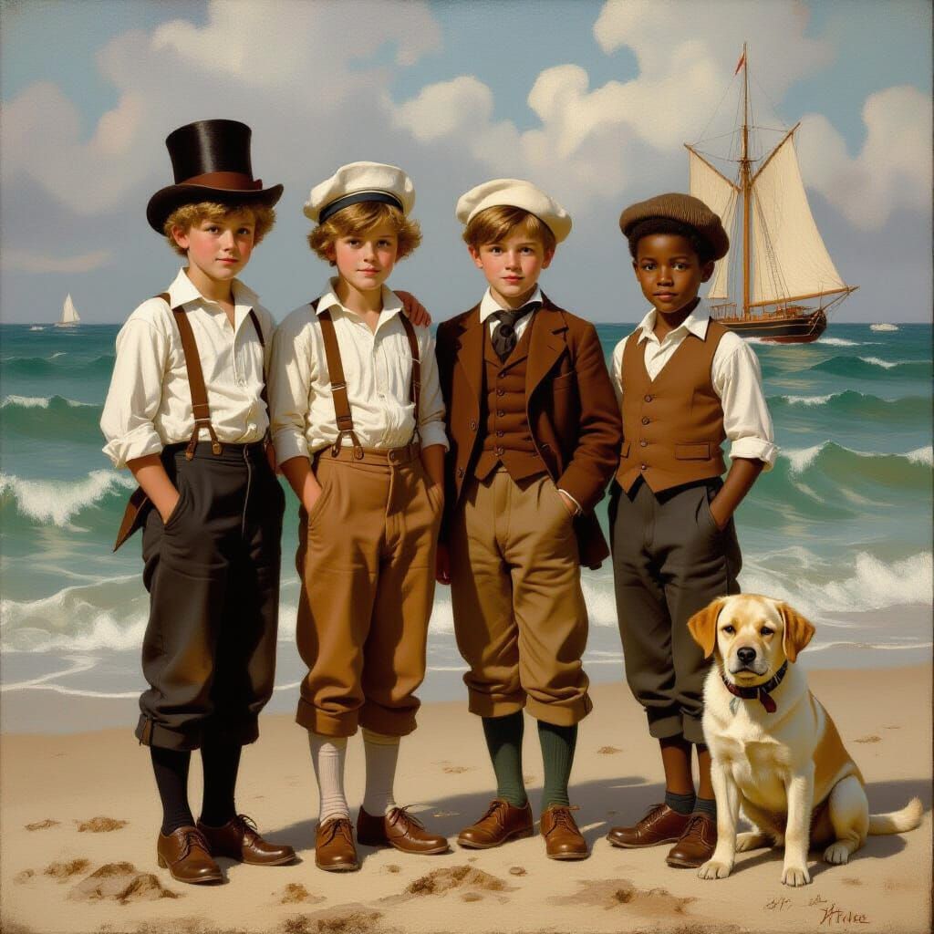 Marooned Victorian Boys on Beach with Yacht