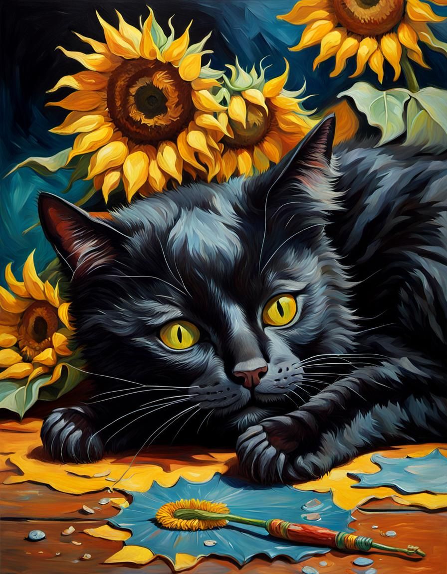 Black Cat Still Life in Van Gogh Style