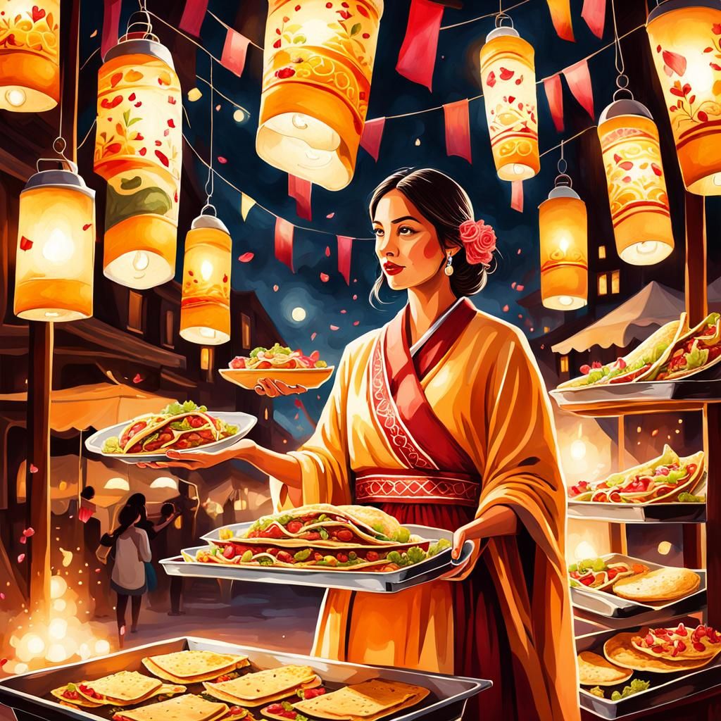 Woman with Tacos and Lanterns in Watercolor Style